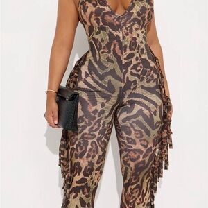 Fashion Nova Brown & Green Animal-Print Backout Jumpsuit